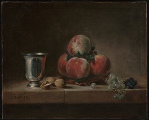 Stilleven met perziken, een zilveren bokaal, druiven en walnoten door Jean Baptiste Simeon Chardin