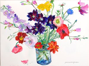 Daglelies, klaprozen en ridderspoor (aquarel  inkt op papier)