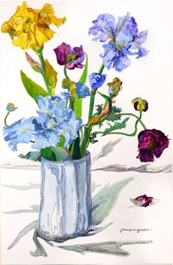 Irissen, klaprozen in zilveren vaas (aquarel en inkt op papier)