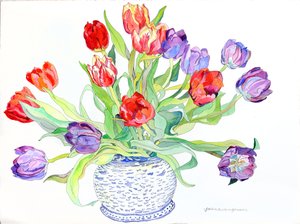Tulpen in kom met beschilderde vissen en vogels, 2006 (aquarel en inkt op papier)