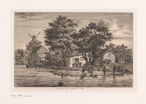 Gezicht op de Engelse vest in Antwerpen waarop boomstammen verzameld worden, op de achtergrond bebouwing en een molen door Jean Théodore Joseph Linnig