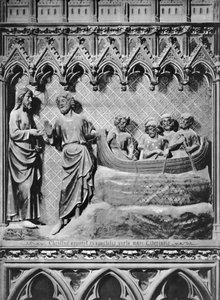 Kathedraal, interieur, koorscherm, Jezus Christus verschijnt op het Meer van Tiberias, de wonderbaarlijke visvangst, ca. 1340-51 door Jean and Jean Le Boutellier Ravy