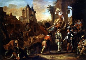 Aankomst van de komedianten in Le Mans. Schilderij ter illustratie van 