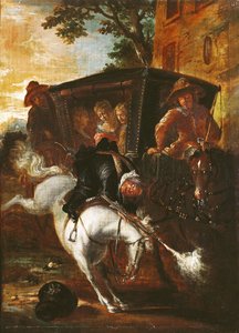 Met een musket op zijn rug klimt Ragotin op zijn paard om het gezelschap te vergezellen, uit 