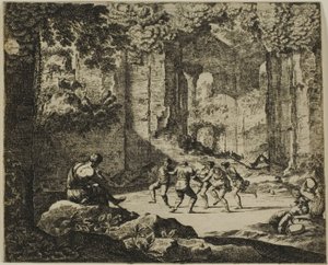 Herdersdans in antieke ruïnes door Jean le Pautre