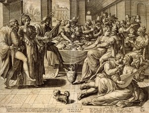 Diner door Jan Sadeler I (1550-1600), gravure door Jean or Johann Sadeler