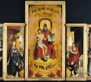 Polyptiek van de Verheerlijking van de Heilige Drie-eenheid, centraal paneel met de Drie-eenheid, de Maagd en St. Johannes de Doper, c.1509-16