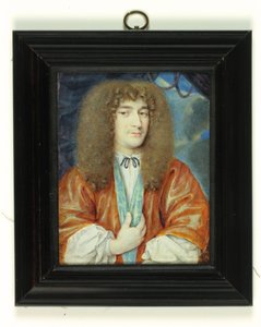 Een heer in wit shirt en oranje gewaad gevoerd met blauwe zijde, lange lichtbruine pruik door Jean the Younger (attr.to) Petitot