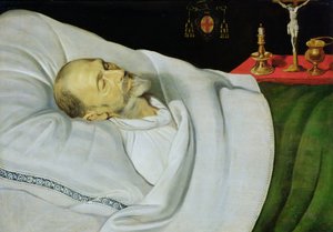 Antoine de Henin, bisschop van Ieper, op zijn sterfbed door Jean the Younger Bellegambe