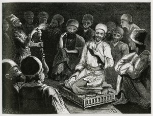 Perzische verhalenverteller omringd door zijn publiek. Gravure door de Reiziger auteur, ter illustratie van het verhaal "Perzië, Chaldee en Susiane" door Jeanne Dieulafoy