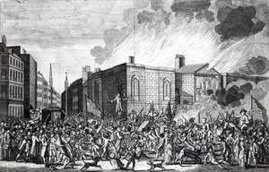 Een exacte weergave van de brand, plundering en vernietiging van Newgate door de relschoppers op de gedenkwaardige 7 juni 1780, gegraveerd door Henry Roberts, 1781