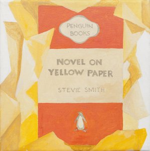 Penguin boekomslag. Roman op geel papier (acryl) door Jennifer Abbott