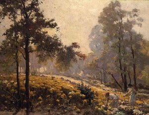 Vrouwen die Gele Bloemen Plukken in een Bebost Landschap door Jeno Karpathy