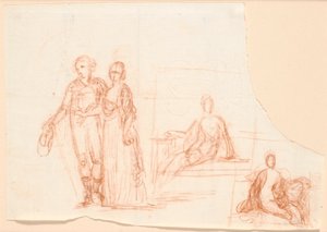 Compositie schets voor het Ryberg familieportret; rechts schets voor een zittende vrouwenfiguur door Jens Juel