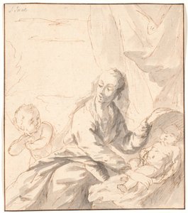Maria met het kindje Jezus in de wieg en Johannes