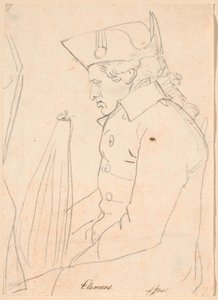 Portret van de kopergraveur J.F. Clemens. Driekwart figuur zittend in profiel naar links door Jens Juel