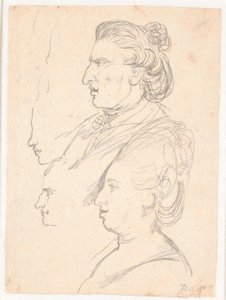 Profielportretten van koningin Caroline Mathilde, J.F. Struensee en Enevold Brandt, en een schets, mogelijk van Juel zelf. Allemaal in profiel naar links door Jens Juel