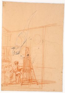 Studie van de rechterarm van een staande man en een compositieschets voor een dubbelportret van Juel en zijn vrouw bij de ezel door Jens Juel