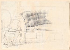 Studie voor het Holmskiold-familieportret uit 1787: de gestoffeerde bank, en links een stoel met de figuur van Holmskiold geschetst door Jens Juel