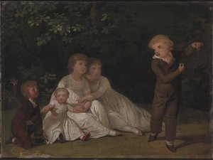 De vijf kinderen van de kunstenaar in een tuin. Studie door Jens Juel