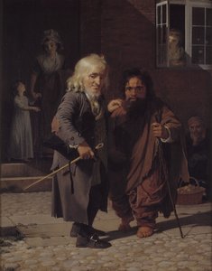 Twee dwergen: Obligeert, een Joodse lintverkoper, naast de Romeinse dwerg Bajocco in een van de straten van Kopenhagen door Jens Juel