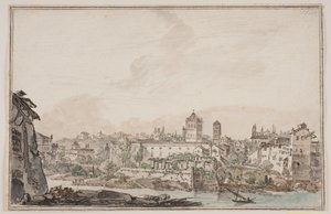 Stadsgezicht met huizen en kerk bij rivier. Het oude Rome