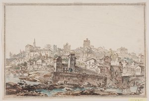 Stadsgezicht met huizen en kerk bij rivier. Het oude Rome