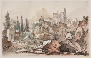 Prospekt met paleis omgeven door bomen en rotsen door Jens Petersen Lund
