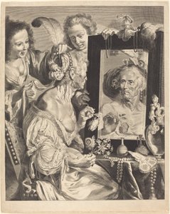 Een Oude Vrouw aan de Toilettafel door Jeremias Falck after Johann Liss after Bernardo Strozzi