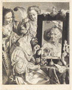 Een Oude Vrouw aan de Toilettafel door Jeremias Falck after Johann Liss after Bernardo Strozzi