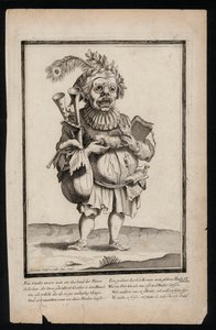 Man met doedelzak en pauwenveren hoofdtooi, surrealistisch kostuum, ca. 1700 door Jeremias Wolff