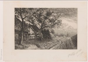 Landschap met boerderijen en molen