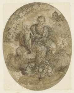 Madonna met kind tussen engelen op de wolken