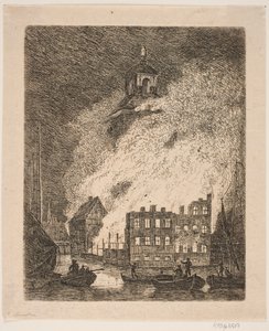 Brand in groot gebouw bij een rivier door Jes Bundsen