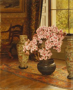 Azalea in een Japanse Kom, met Chinese Vazen op een Oosters Tapijt, in een Interieur