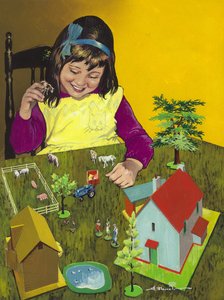 Meisje met speelgoedboerderij (gouache op papier)