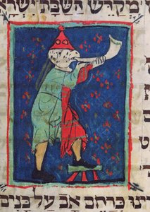 Het blazen van de hoorn voor Rosh Hashana en Yom Kippur, 13e-14e eeuw door Jewish School