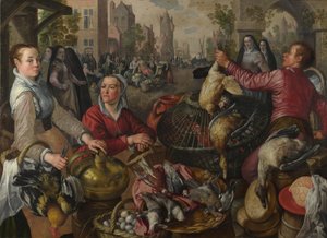 De Vier Elementen: Een Gevogelte Kraam in een stad met de Verloren Zoon op de achtergrond - een Allegorie van Lucht, 1569 door Joachim Beuckelaer