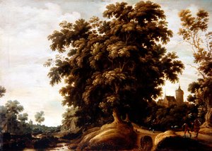 Een Rivierlandschap met Figuren en een Dorp op de Achtergrond