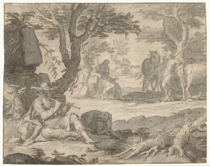 Apollo speelt de fluit terwijl hij de kudde van Admetus hoedt door Joachim Wtewael or Utewael