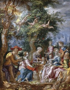 De Heilige Familie met Heiligen en Engelen