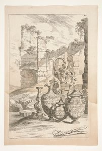 Een kandelaar en sierlijke kannen met handvat in een landschap met ruïnes, uit Sculpturae Veteris Admirata door Joachim von Sandrart