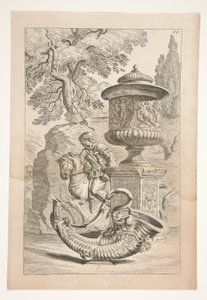 Een reliëf van krijgers, een bedekte vaas versierd met een Bacchisch reliëf, en een hoorn des overvloeds in een landschap door Joachim von Sandrart