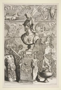 Een standbeeld van Lucius Sciopione, wapenrusting en andere antieke vaandels en fragmenten door Joachim von Sandrart
