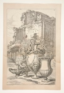 Vazen in een landschap tussen antieke ruïnes door Joachim von Sandrart