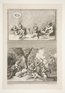 Bovenste helft: Een Riviergod en Putti die spelen met de Symbolen van Roem Onderste helft: De Straf van Cupido