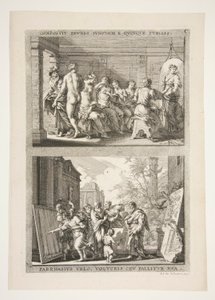 bovenste helft: COMPOSIT ZEUXES IUNONEM E QUINQUE PUELLIS onderste helft: PARRHASIUS VELO, VOLVCRIS CEV FALLITOR VUA door Joachim von Sandrart