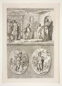 Bovenste helft: Vier Antieke Beelden onderste helft: Smederij van Vulcanus en Een Zegevierende Romeinse Generaal door Joachim von Sandrart