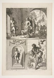 bovenste helft: Onbekend religieus onderwerp onderste helft: Een standbeeld van een putto in een nis en een standbeeld van een faun in een landschap door Joachim von Sandrart