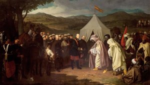De oorlog in Afrika - Eerste Marokkaanse oorlog of Tetouan-oorlog - tussen Spanje en Marokko - Verdrag van Wad-Ras 1859 door Joachin Dominguez Becquer